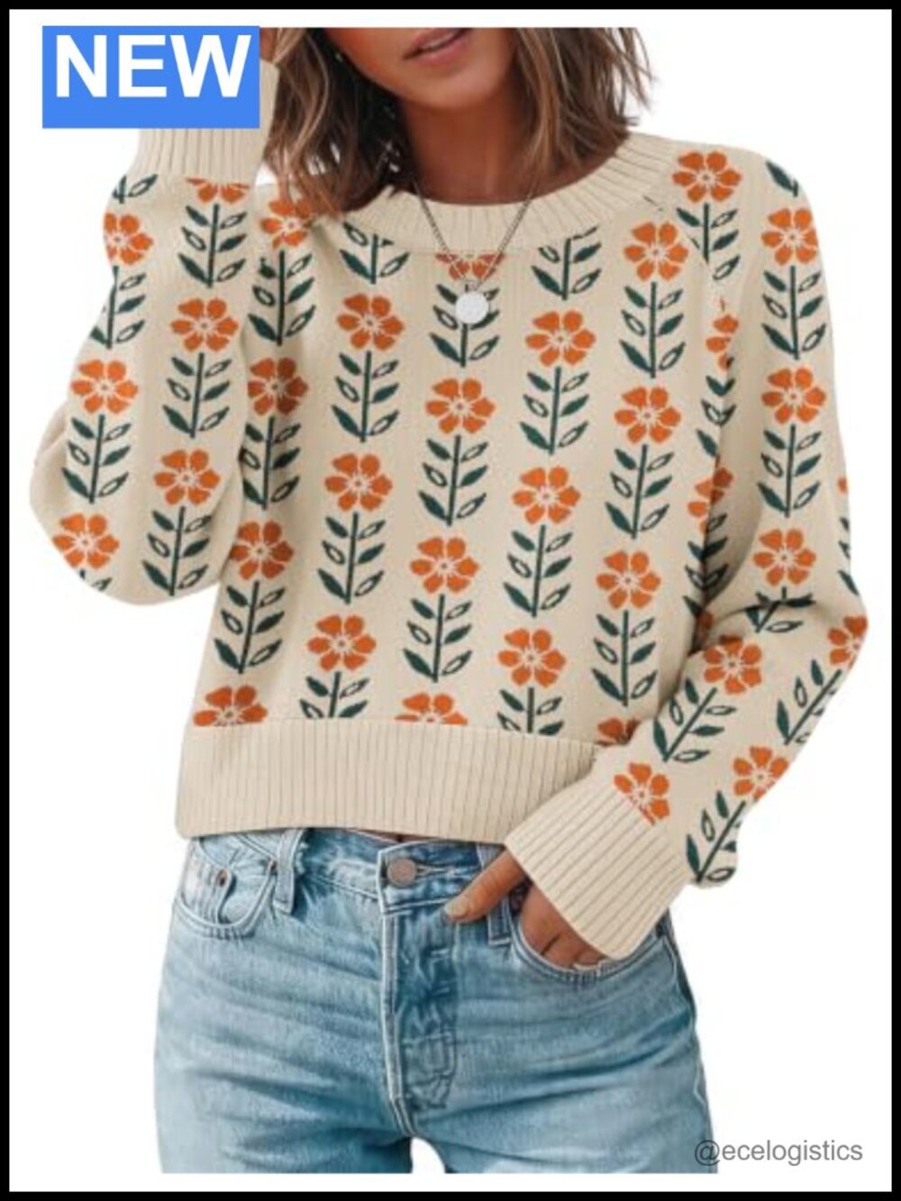 Cropped Crewneck Knit Pullover Sweater for Women Long Sleeve Casual Fall